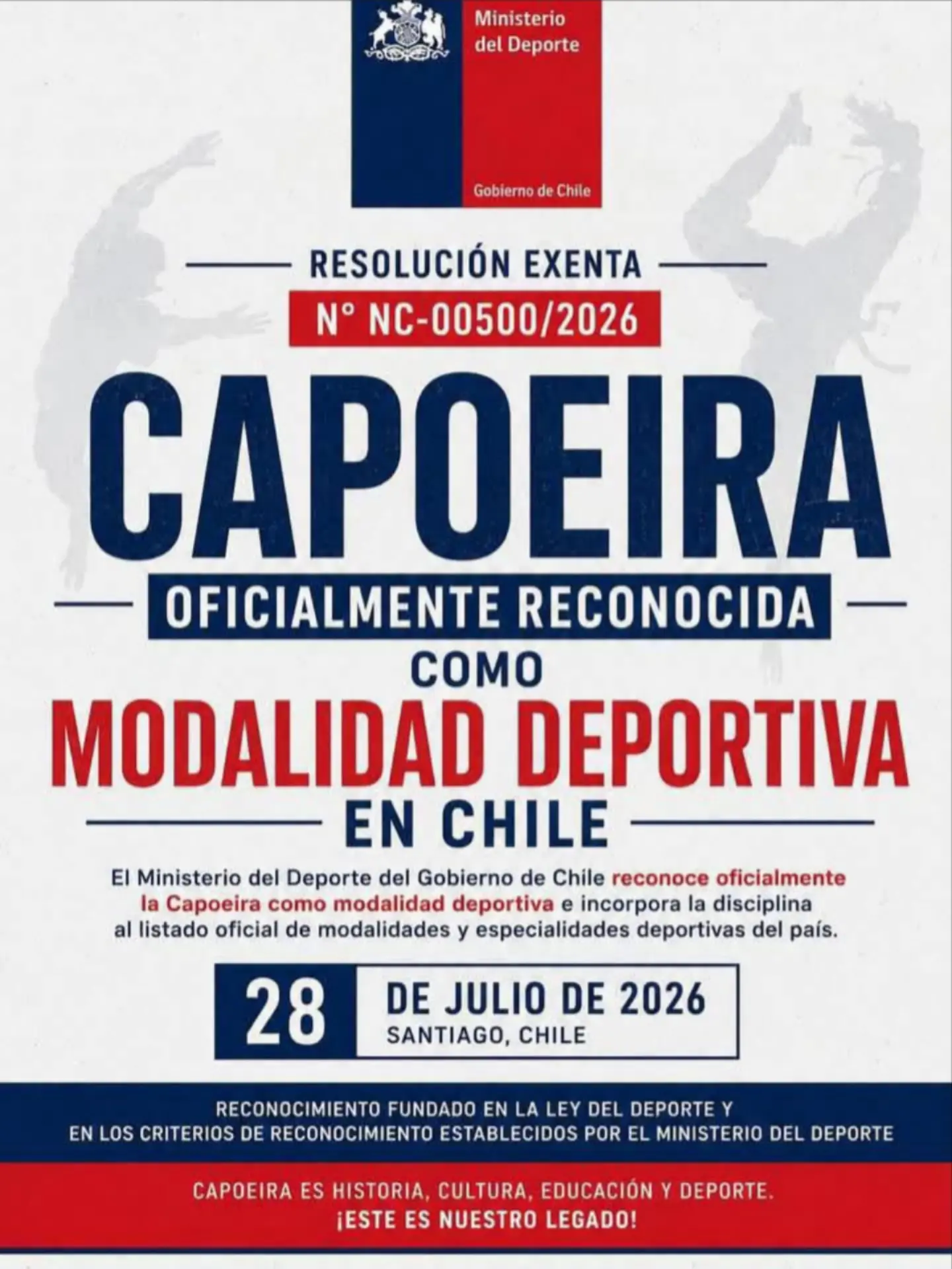 Publicação sobre o reconhecimento da capoeira como modalidade esportiva no Chile